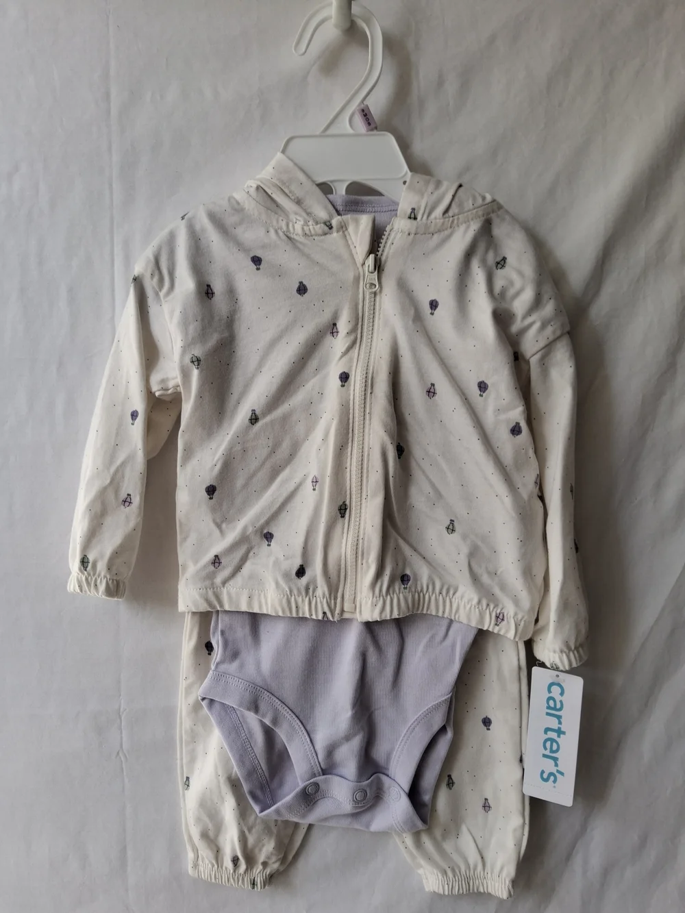 Carter's Cream‎ Hooded Zip Sweatshirt, Pants & Lavender Bodysuit Set